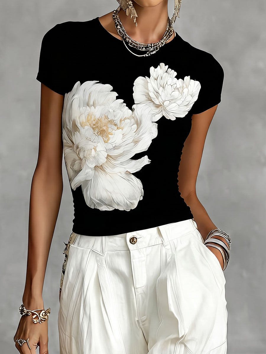 Women's floral-print round-neck short-sleeve blouse