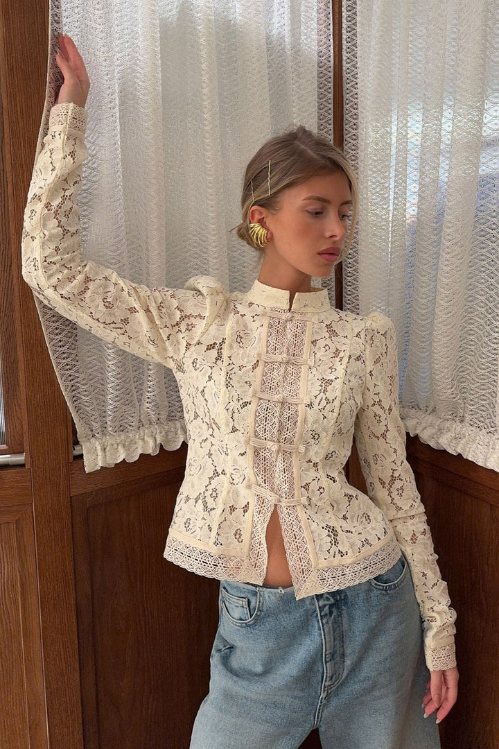 Women's white floral lace cardigan with stand collar and frog buttons