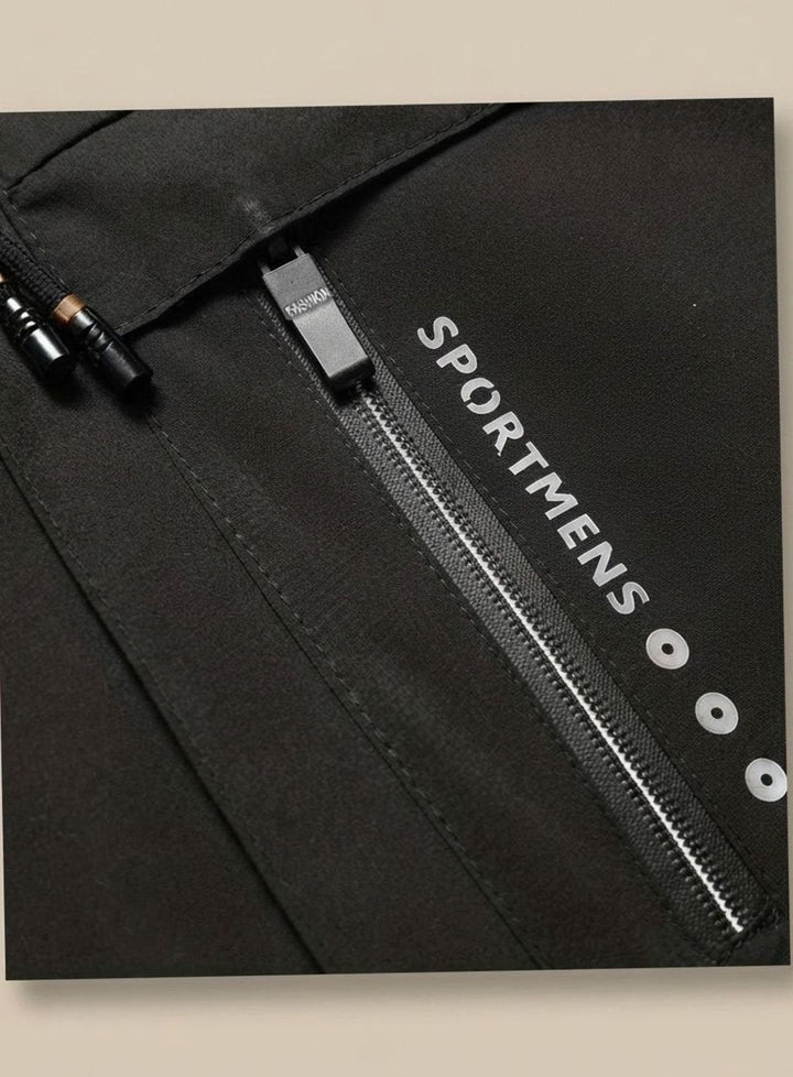 Men's hooded long-sleeve winter jacket with zip front and multiple pockets