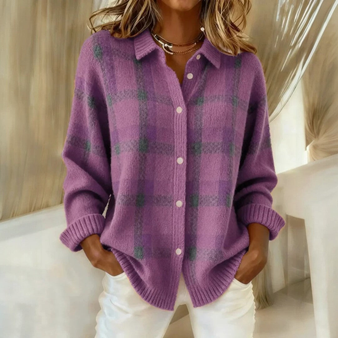 Women's checked collared knit sweater with button front