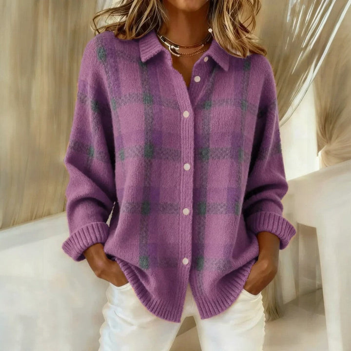 Women's checked collared knit sweater with button front