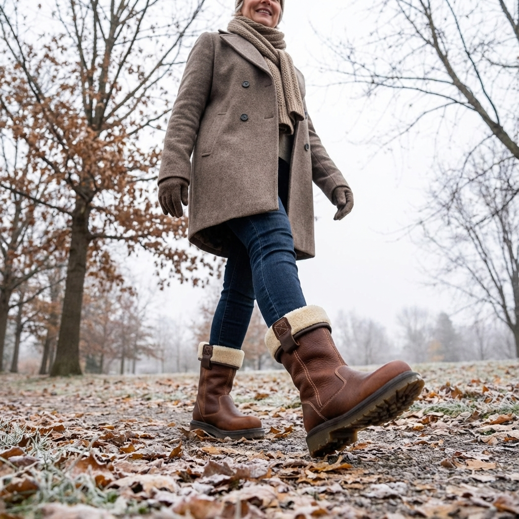 Women's brown winter ankle boots with fur cuff and lug sole