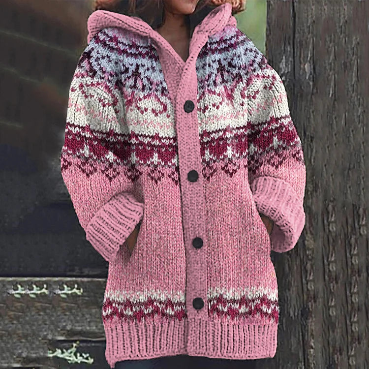 Women's multicoloured Nordic patterned hooded knit cardigan with buttons and front pockets