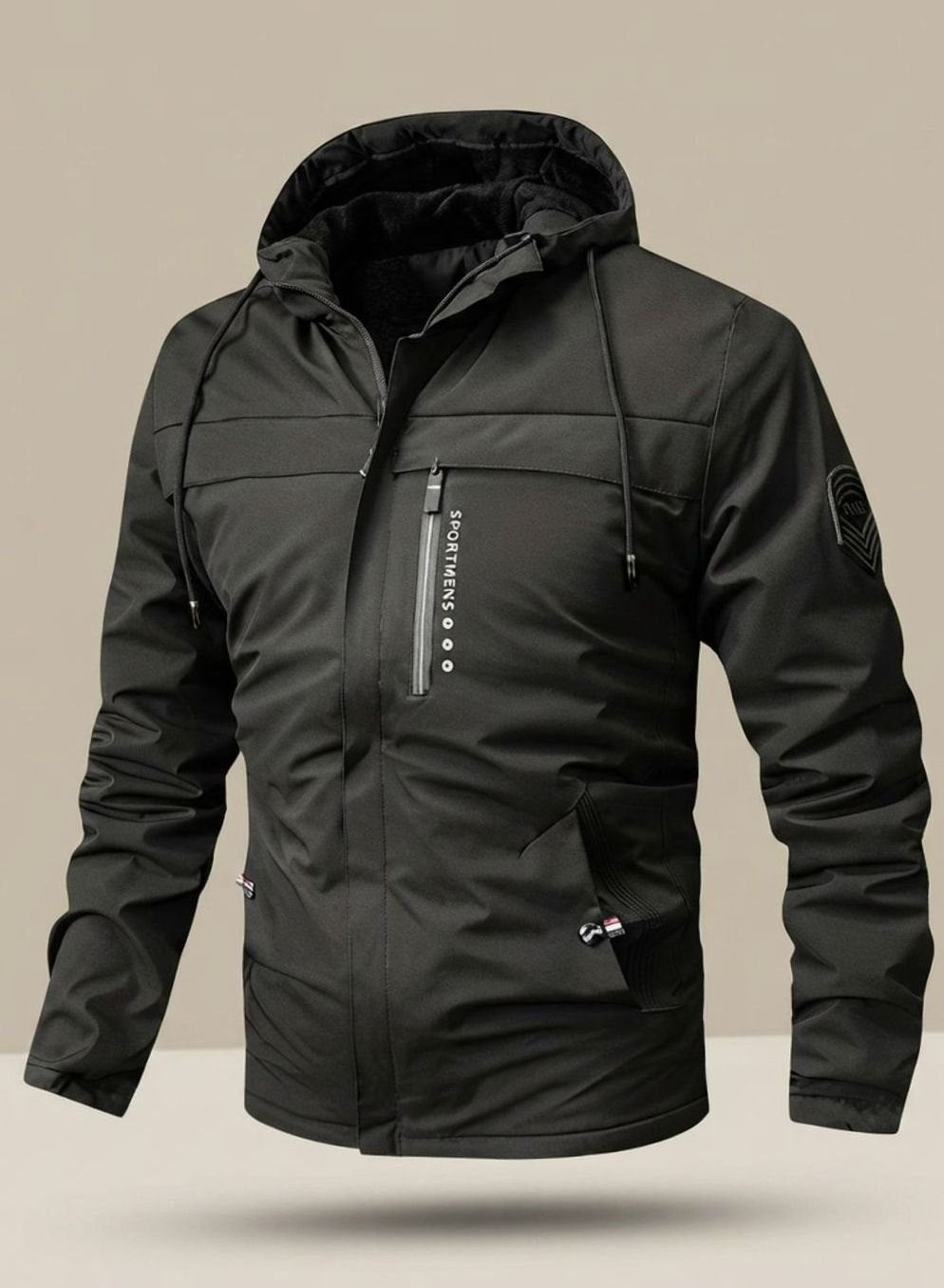 Men's hooded long-sleeve winter jacket with zip front and multiple pockets