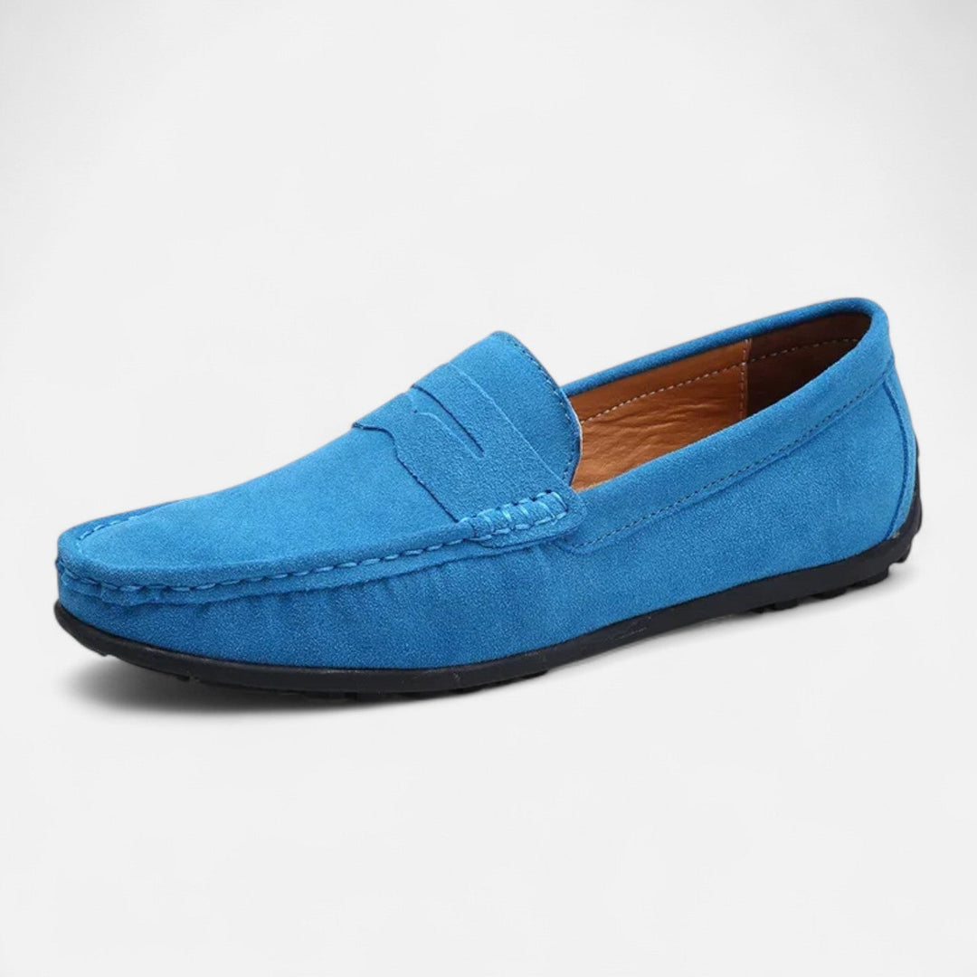 Men's penny loafer with moc toe stitching and low heel