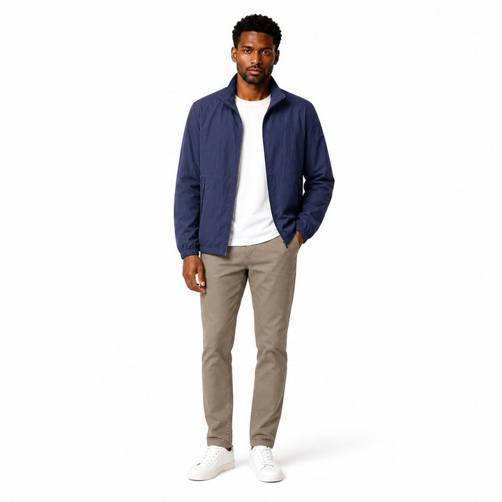 Men's lightweight zip-front windbreaker jacket with stand collar and zipped pockets