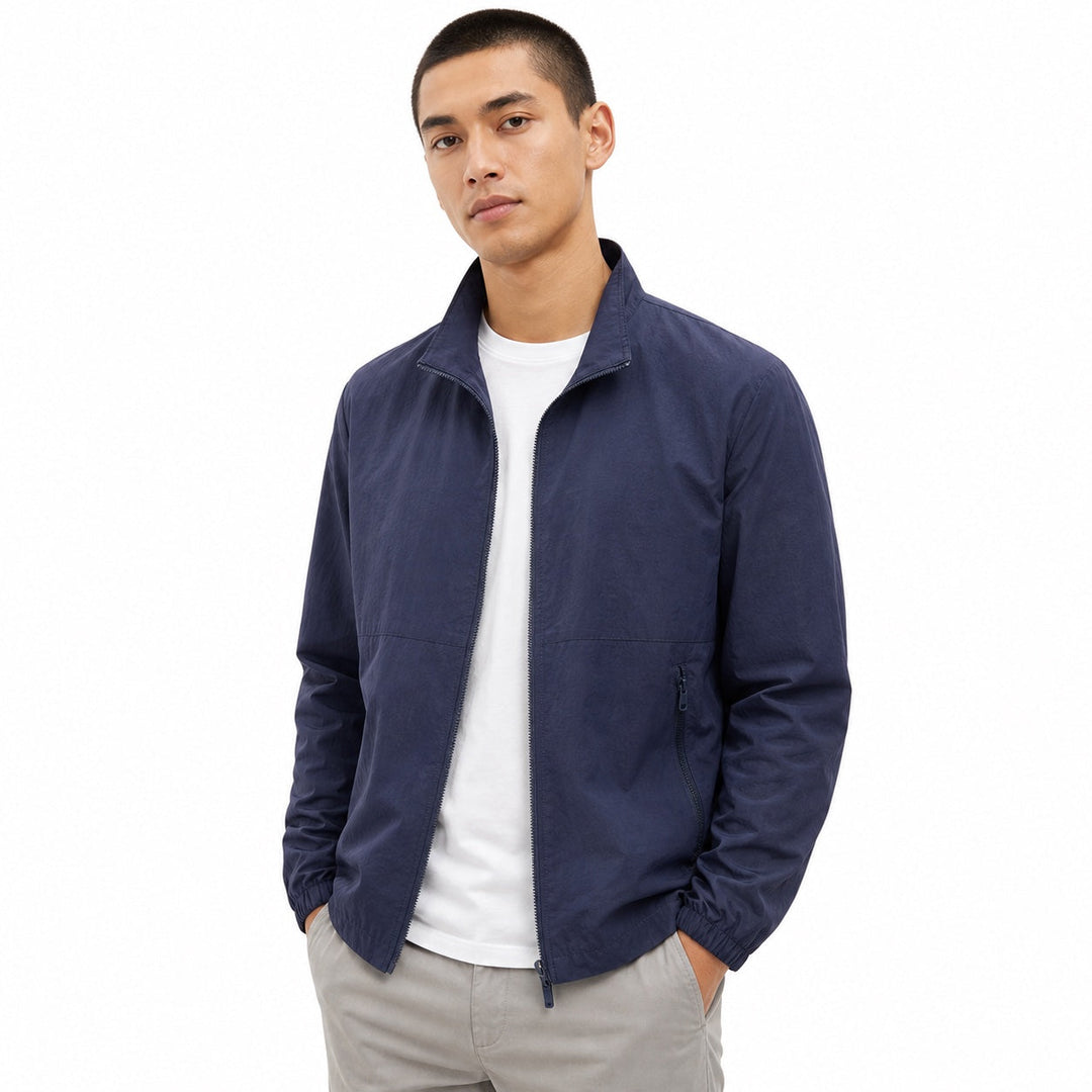 Men's lightweight zip-front windbreaker jacket with stand collar and zipped pockets