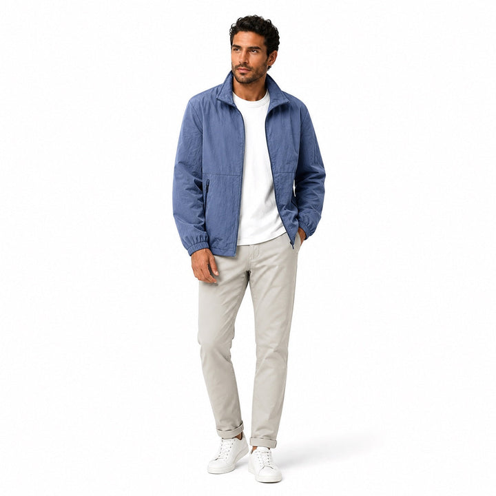 Men's lightweight zip-front windbreaker jacket with stand collar and zipped pockets