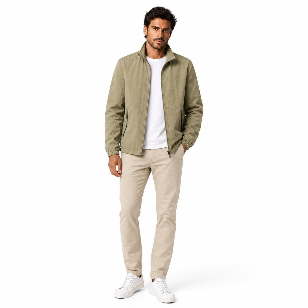 Men's lightweight zip-front windbreaker jacket with stand collar and zipped pockets
