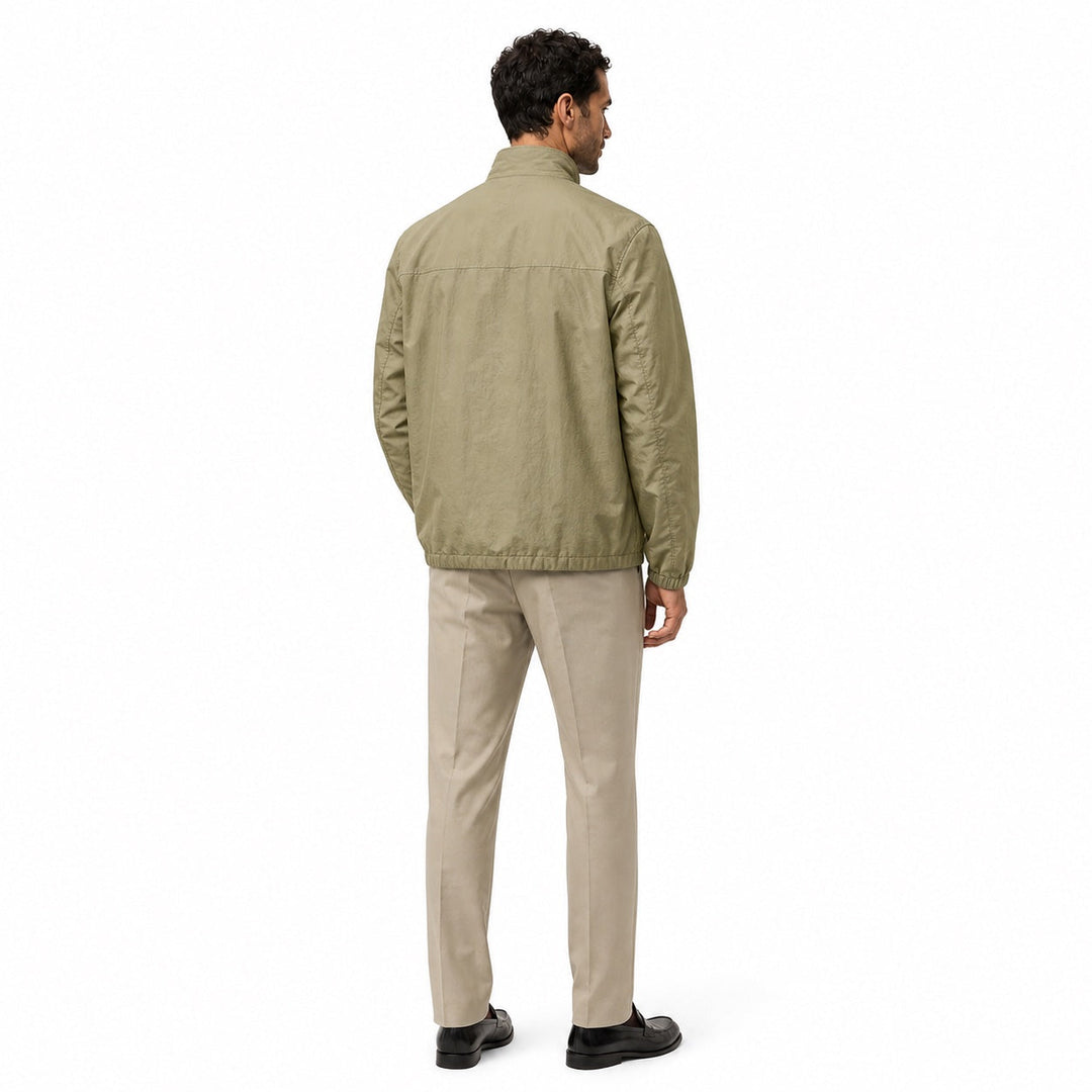 Men's lightweight zip-front windbreaker jacket with stand collar and zipped pockets