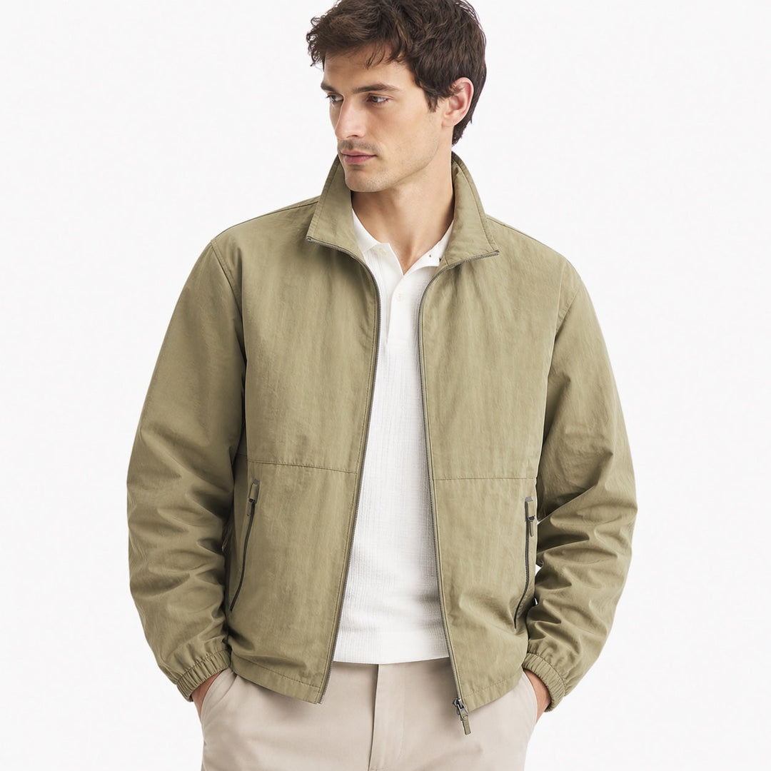 Men's lightweight zip-front windbreaker jacket with stand collar and zipped pockets