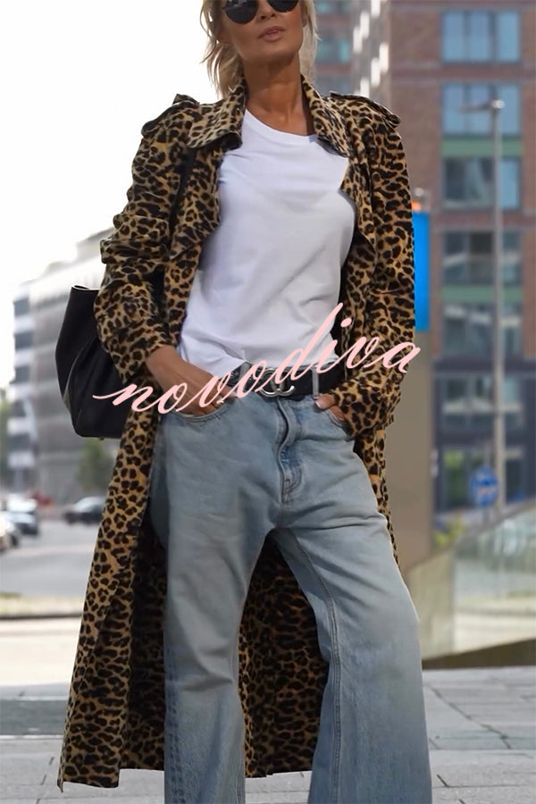 Women's long leopard print midi trench coat with long sleeves