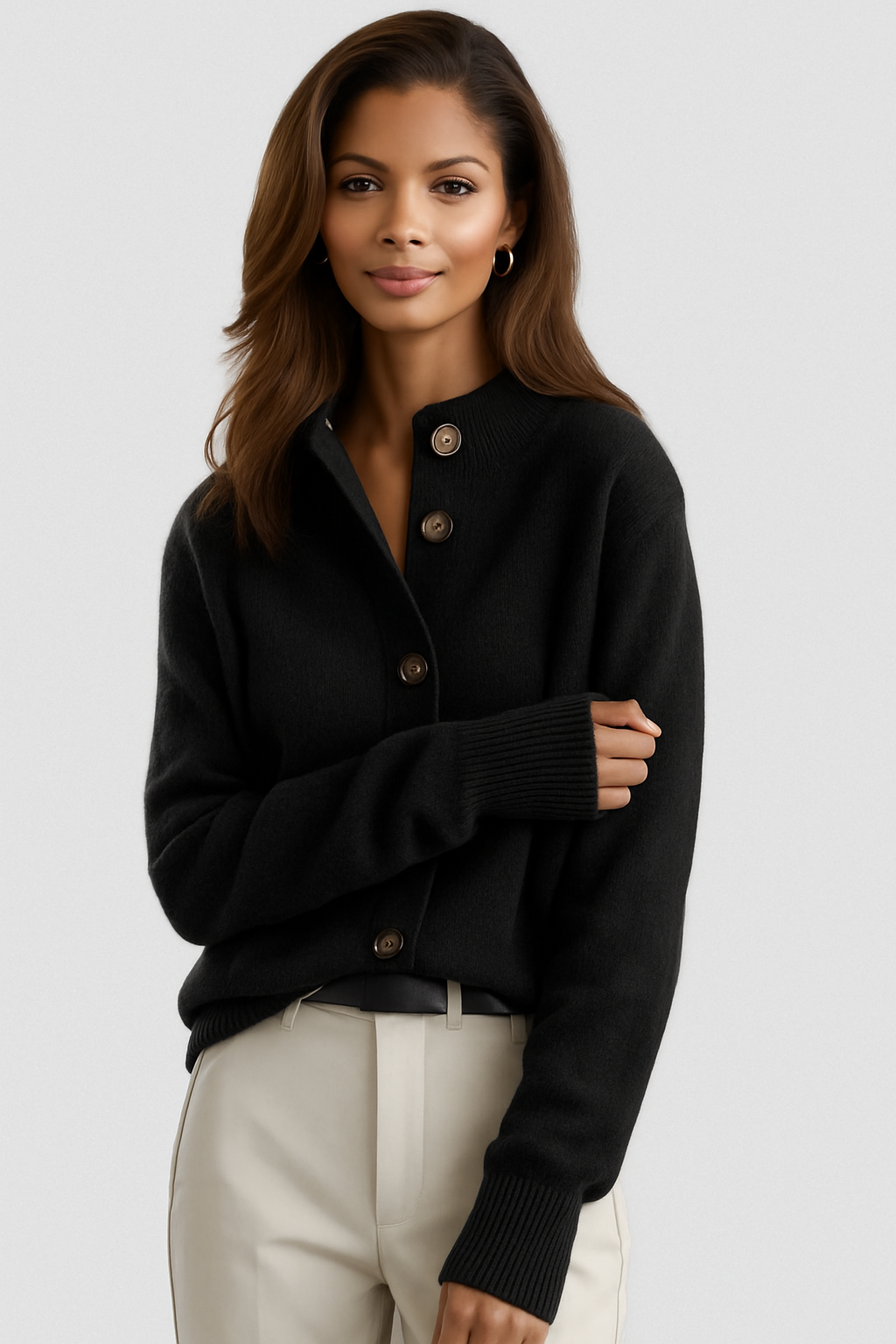 Women's button cardigan with ribbed collar, long sleeves and front buttons