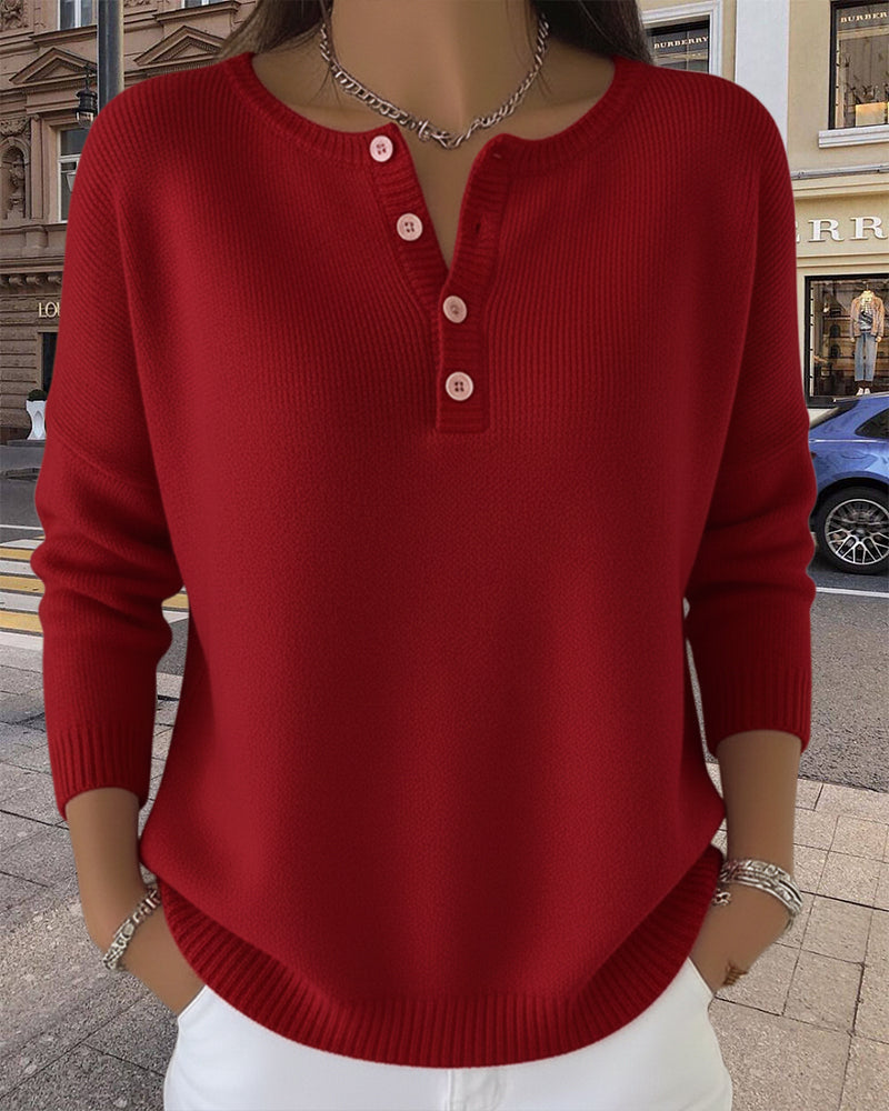 Women's ribbed knit jumper with round neckline and front button placket