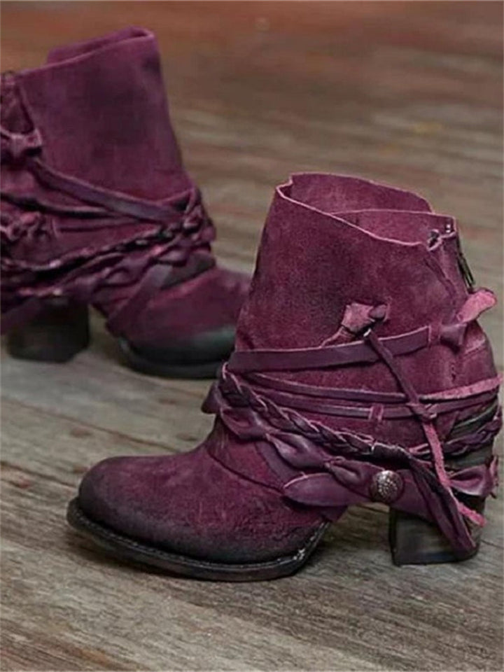 Women's braided lace-up ankle boots with a block heel