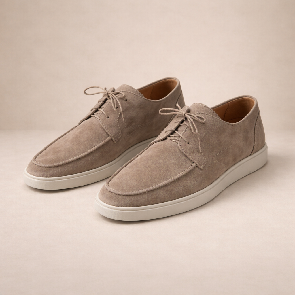 Men's lace-up loafers with moc toe stitching and low contrasting soles