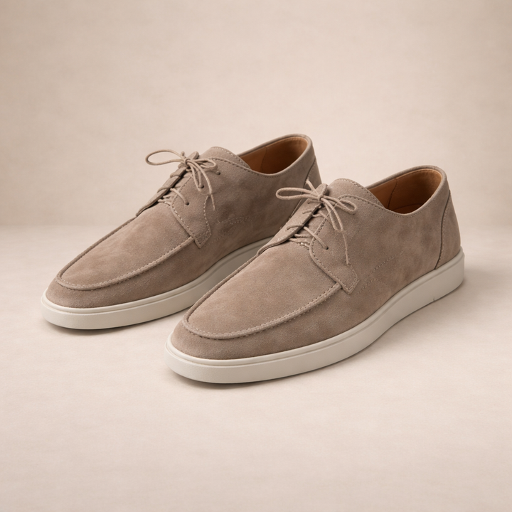 Men's lace-up loafers with moc toe stitching and low contrasting soles
