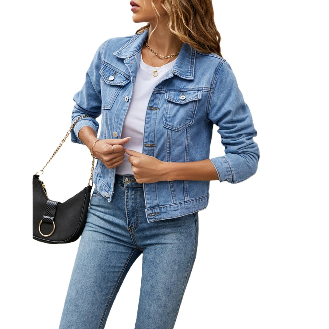 Women's denim jacket with pointed collar, long sleeves, chest pockets and button front