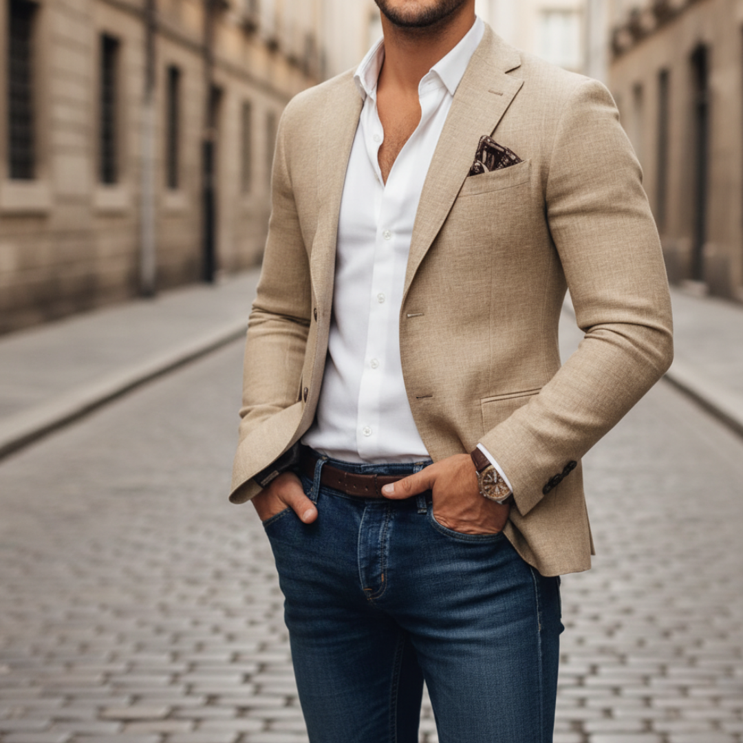 Men's slim-fit structured woven blazer with notch lapels, long sleeves and flap pockets