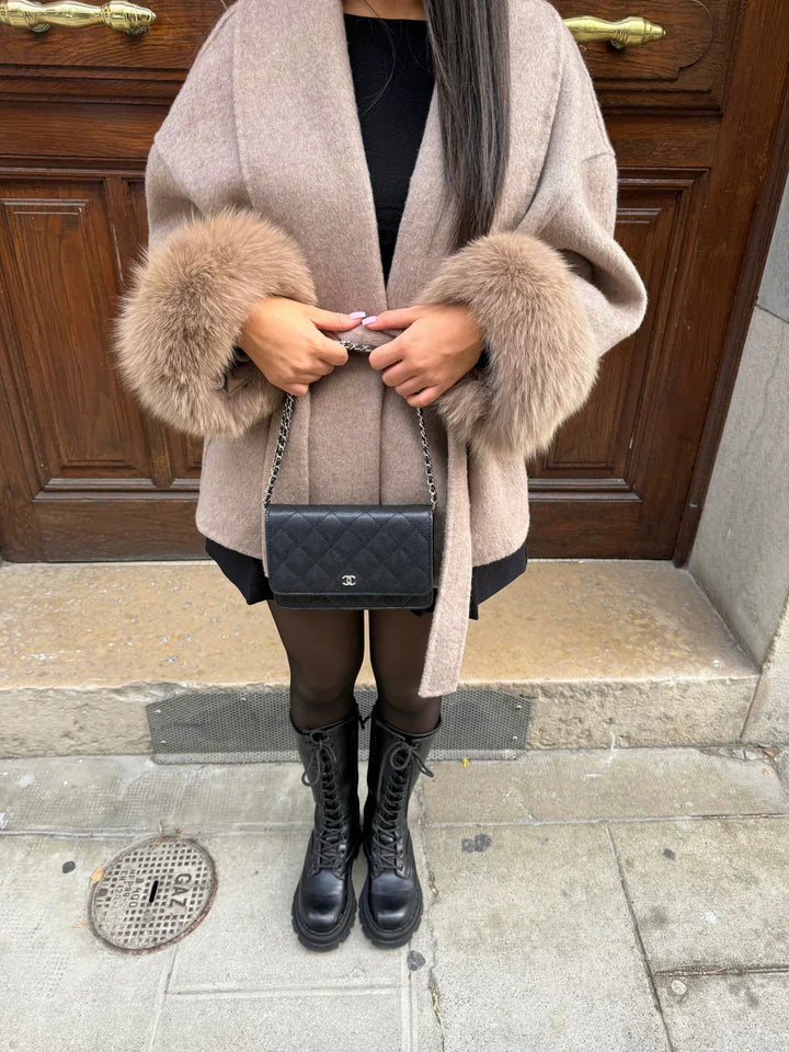 Women's belted wrap coat with fluffy cuffs