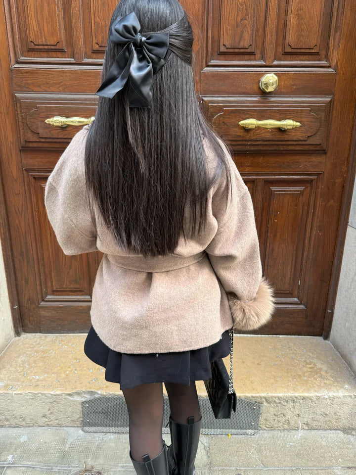 Women's belted wrap coat with fluffy cuffs