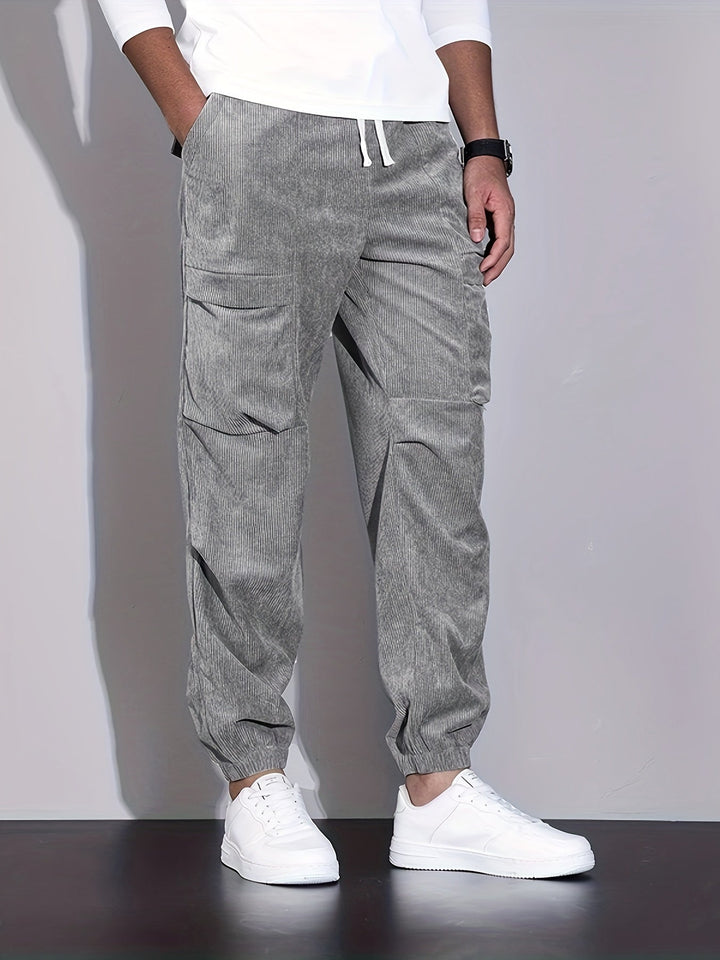 Men's corduroy cargo trousers with drawstring waist and elasticated ankle hems