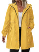 Women's long hooded raincoat with zip front, drawstring waist and front pockets