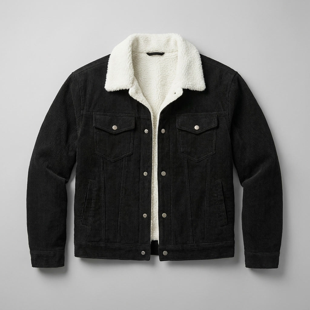 Corduroy jacket with sherpa collar, button front and four pockets
