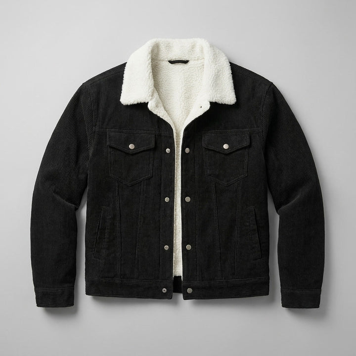 Corduroy jacket with sherpa collar, button front and four pockets