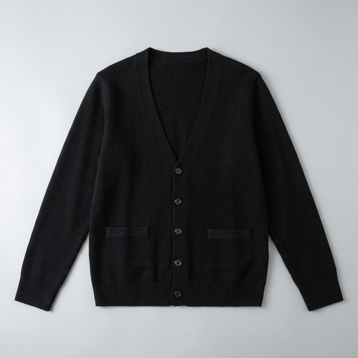 Unisex V-neck cardigan with long sleeves, button front and two patch pockets