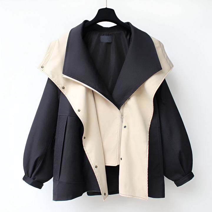 Women's colour block windbreaker jacket with wide collar and long sleeves