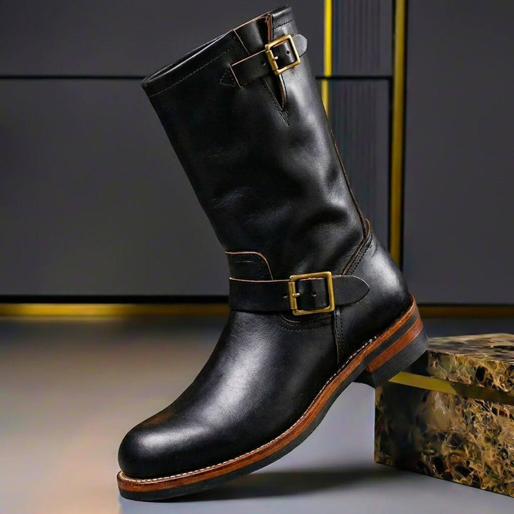 Unisex vintage mid-calf boots with buckle straps and round toes