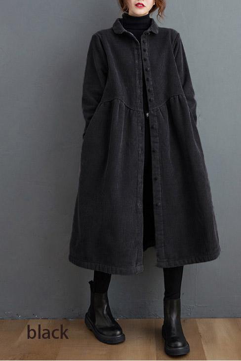 Women's long ribbed button-front coat with flared silhouette and side pockets