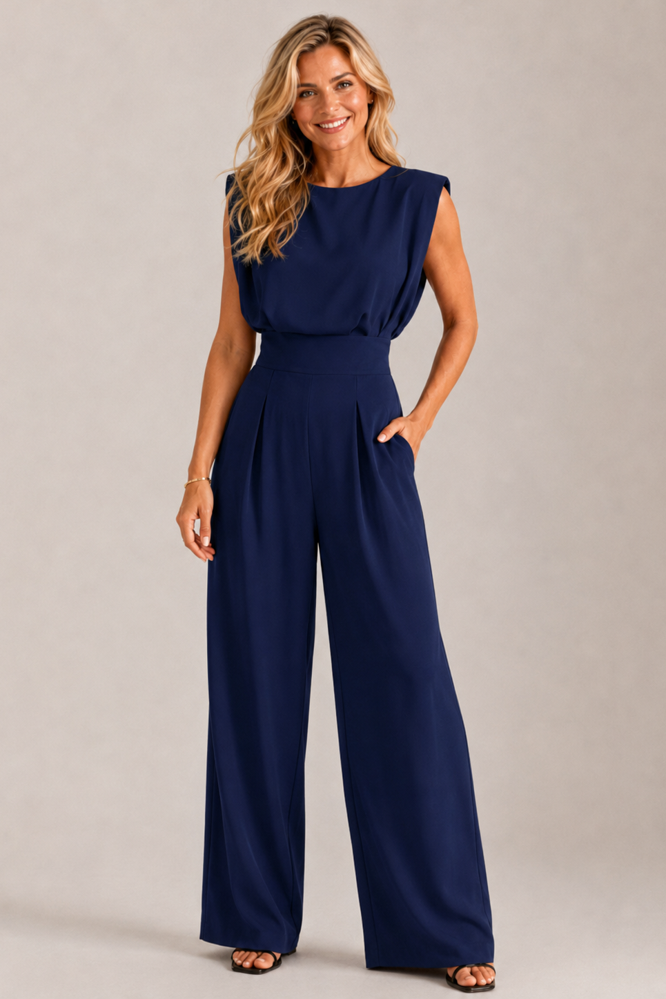 Women's mint green sleeveless wide-leg jumpsuit with crew neck