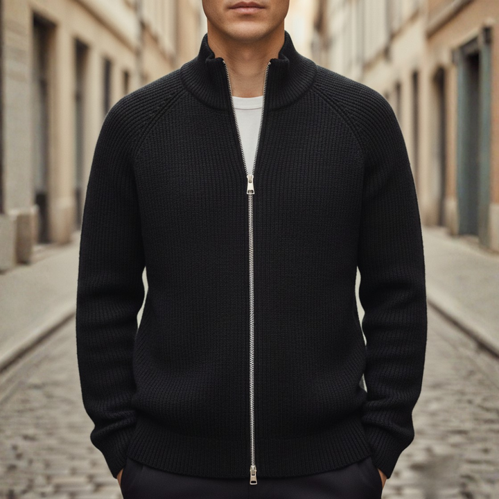 Men's ribbed cardigan with stand collar and full front zip