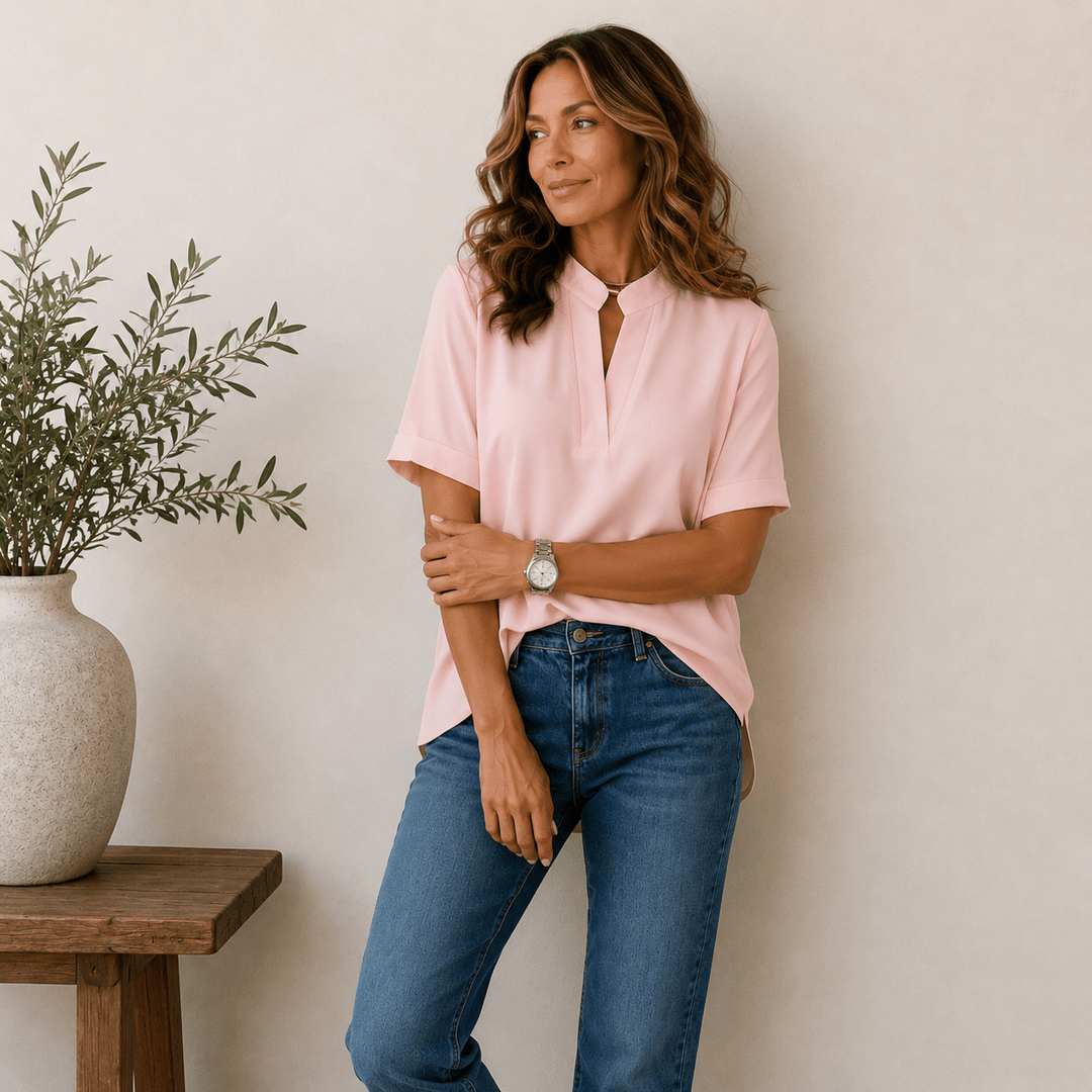 Women's V-Neck Blouse — Short Sleeve Relaxed-Fit Plain Summer Top
