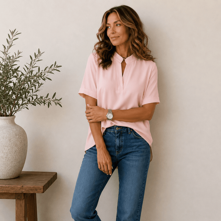 Women's V-Neck Blouse — Short Sleeve Relaxed-Fit Plain Summer Top