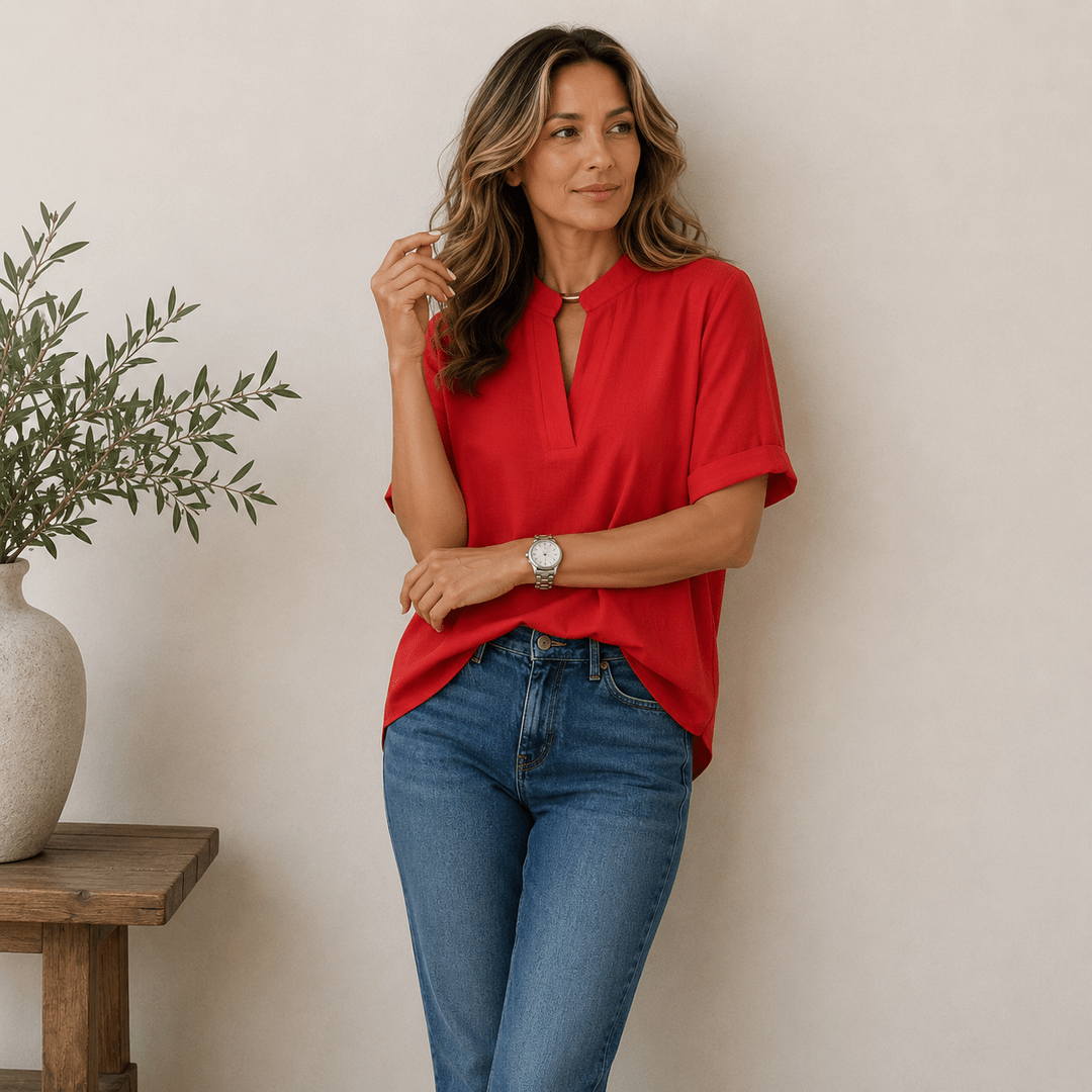 Women's V-Neck Blouse — Short Sleeve Relaxed-Fit Plain Summer Top