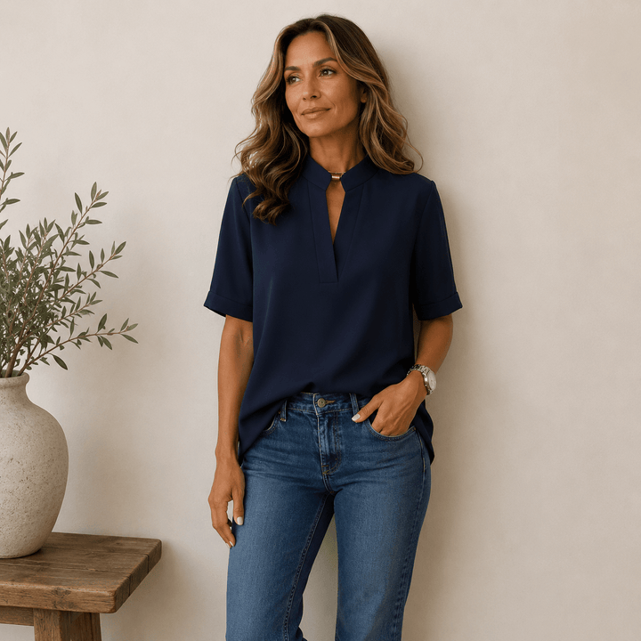 Women's V-Neck Blouse — Short Sleeve Relaxed-Fit Plain Summer Top