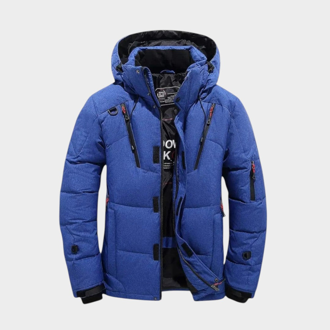 Men's hooded quilted jacket with zip front, long sleeves and multiple pockets