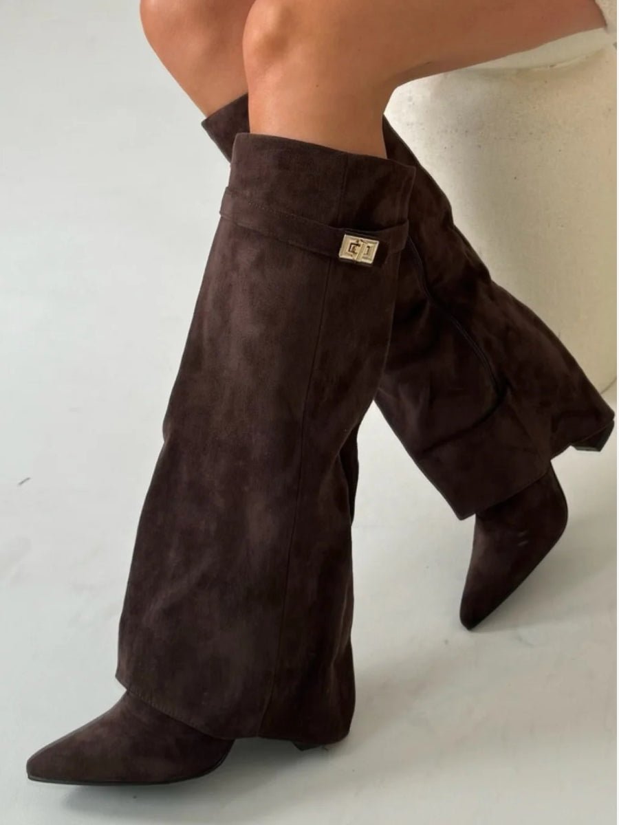 Women's over-the-knee pointed-toe boots with block heels, side zips and cuff trim