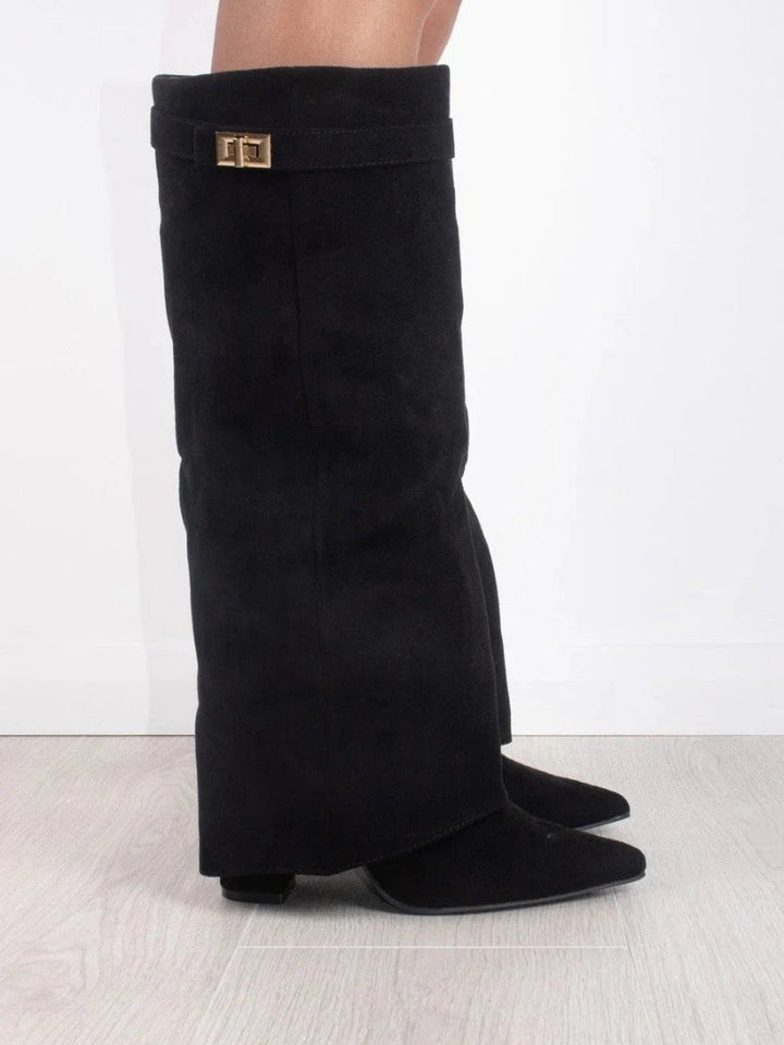 Women's over-the-knee pointed-toe boots with block heels, side zips and cuff trim