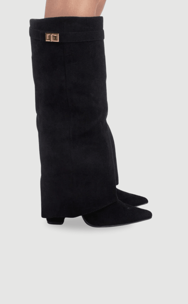 Women's over-the-knee pointed-toe boots with block heels, side zips and cuff trim