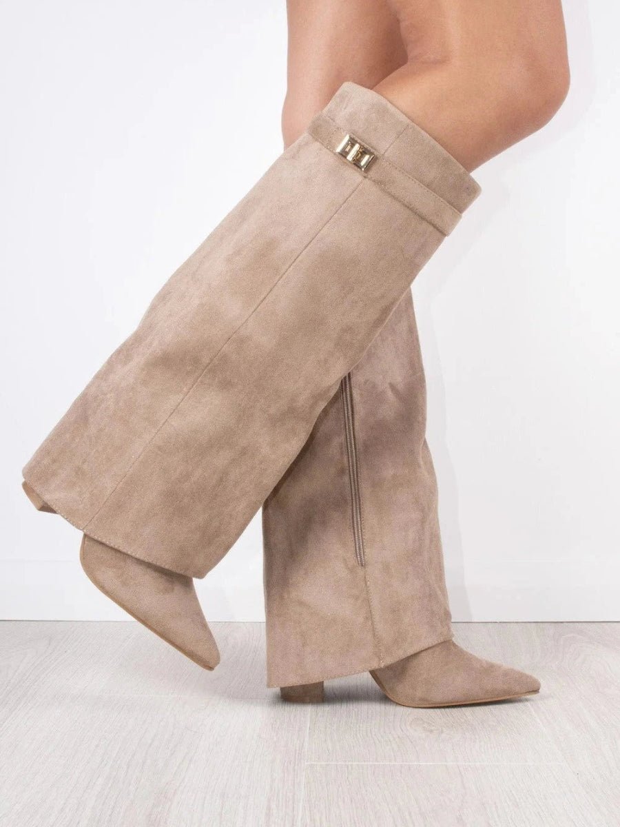 Women's over-the-knee pointed-toe boots with block heels, side zips and cuff trim