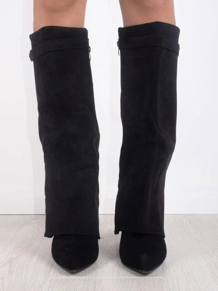 Women's over-the-knee pointed-toe boots with block heels, side zips and cuff trim