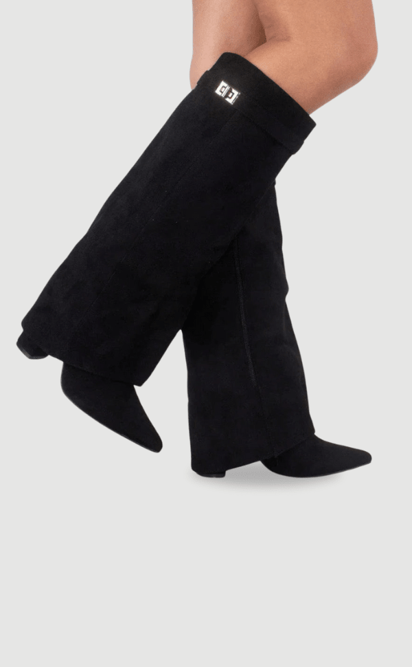 Women's over-the-knee pointed-toe boots with block heels, side zips and cuff trim