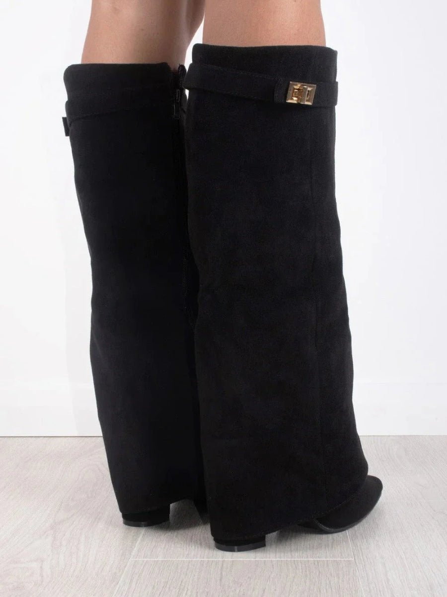 Women's over-the-knee pointed-toe boots with block heels, side zips and cuff trim