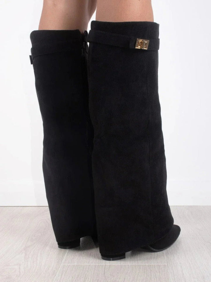 Women's over-the-knee pointed-toe boots with block heels, side zips and cuff trim
