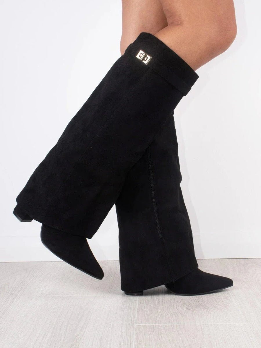 Women's over-the-knee pointed-toe boots with block heels, side zips and cuff trim