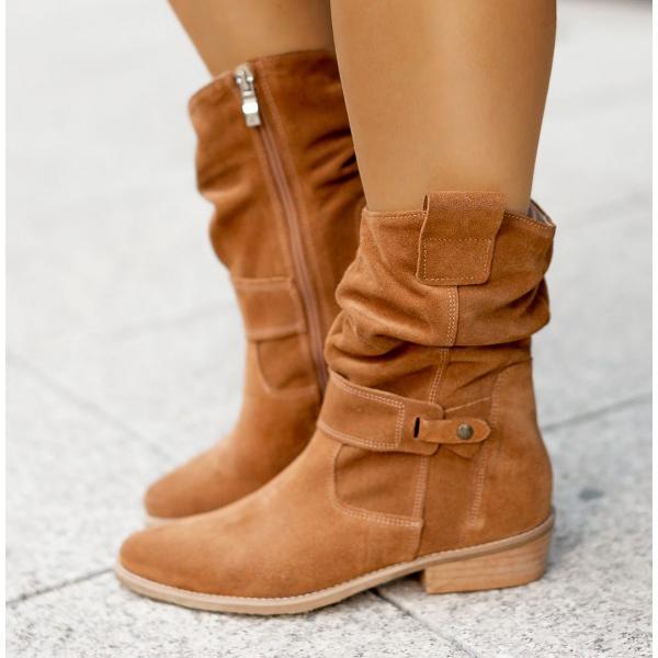 Women's slouch mid-calf boots with side zipper and low heel